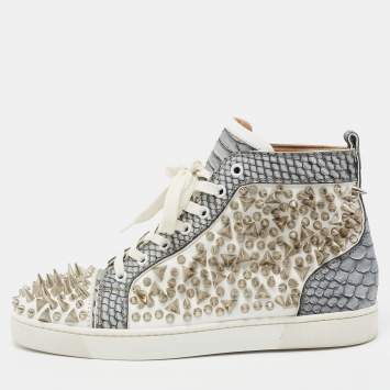 Pre Owned Christian Louboutin Grey/White Python And Leather Louis Spikes High Top Sneakers Size 41