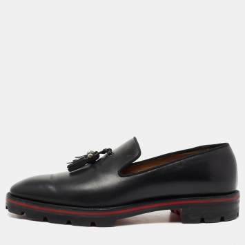 Pre Owned Christian Louboutin  Black Leather Luglion Tassel Lug Loafers Size 42.5