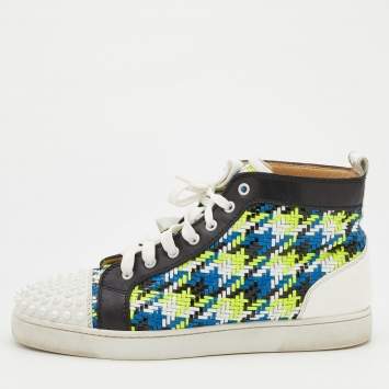 Pre Owned Christian Louboutin Multicolor Woven Leather Louis Spikes Cap Toe High Top Sneakers Size 41.5