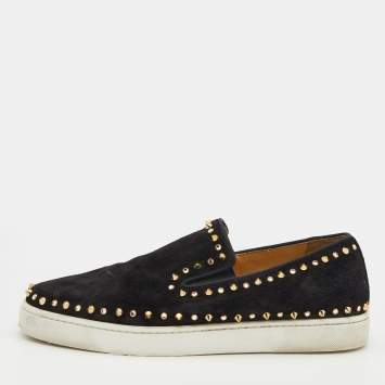 Pre Owned Christian Louboutin Black Suede Spike Pik Boat Slip On Sneakers Size 41.5