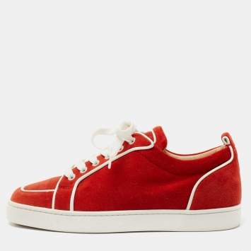 Pre Owned Christian Louboutin Orange/White Velvet and Leather Lace Up Sneakers Size 40