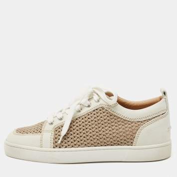 Pre Owned Christian Louboutin White/Brown Leather and Woven Fabric Rantulow Low-Top Sneakers Size 40