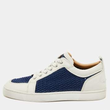 Pre Owned Christian Louboutin White/Navy Blue Leather and Woven Fabric Rantulow Low-Top Sneakers Size 40