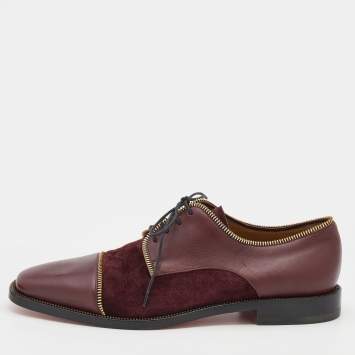 Pre Owned Christian Louboutin Burgundy Leather and Suede Bruno Zip Detail Derby Size 41