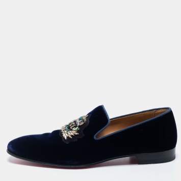 Pre Owned Christain Louboutin Navy Blue Velvet Dandelion Crystal Embellished Smoking Slippers Size 40