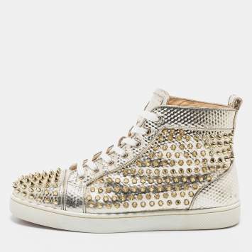 Pre Owned Christian Louboutin Gold Texture Leather Louis Junior Spikes High Top Sneakers Size 40.5