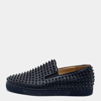 Pre Owned Christian Louboutin Navy Blue Leather Roller Slip On Sneakers Size 45