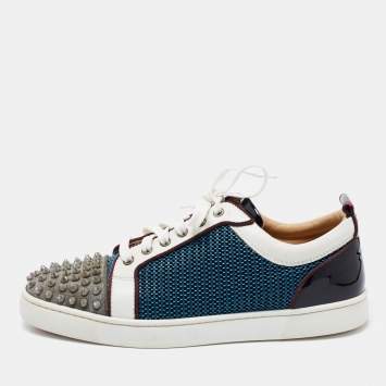 Pre Owned Christian Louboutin Multicolor Glitter, Mesh and Patent Leather Louis Junior Spikes Low Top Sneakers Size 43.5