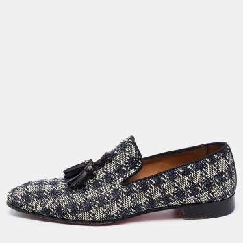 Pre Owned Christian Louboutin Black/White Woven Fabric Dandelion Tassel Slip On Loafers Size 40.5