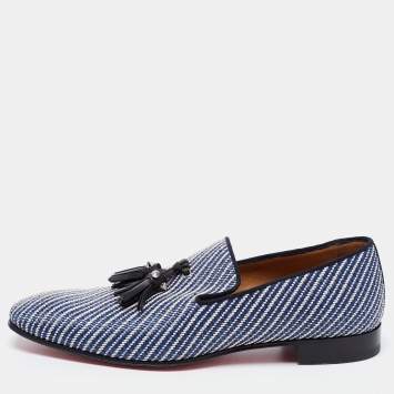 Pre Owned Christian Louboutin White/Blue Woven Fabric Dandelion Tassel Slip On Loafers Size 40.5