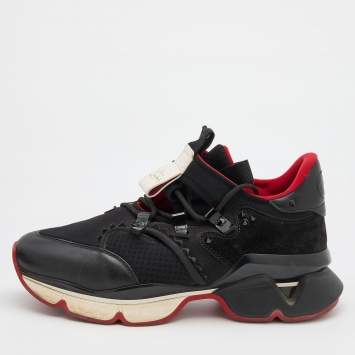 Pre Owned Christian Louboutin Black Leather and Neoprene Red Runner Low Top Sneakers Size 42.5