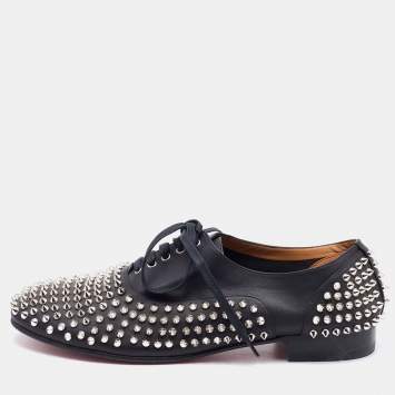 Pre Owned Christian Louboutin Black Leather Freddy Spikes Lace Up Oxfords Size 43