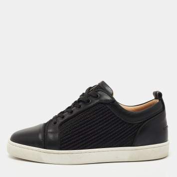 Pre Owned Christian Louboutin Black Leather and Woven Fabric Low Top Sneakers Size 40