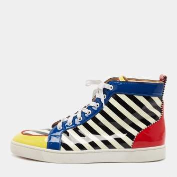 Pre Owned Christian Louboutin Multicolor Patent Leather Rantus Stripes High Top Sneakers Size 45.5
