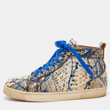 Pre Owned Christian Louboutin Blue/Grey Python Leather Graffiti Louis Flat High Top Sneakers Size 41