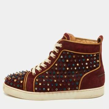 Pre Owned Christian Louboutin Burgundy Suede Louis Spikes High Top Sneakers Size 39