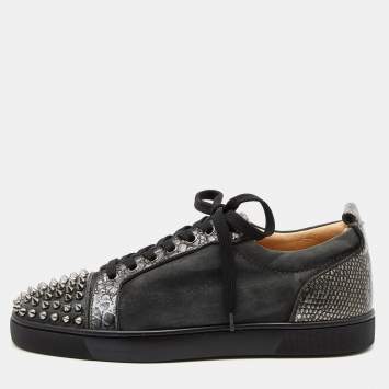 Pre Owned Christian Louboutin Grey Leather and Suede Louis Junior Spike Low Top Sneakers Size 40