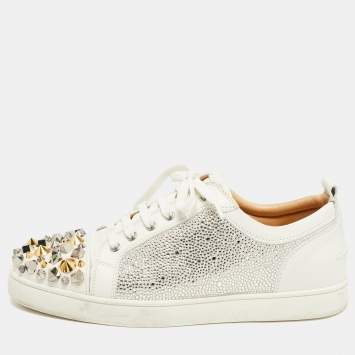 Pre Owned Christian Louboutin White Leather Louis Junior Mix Spikes And Crystal Embellished Sneaker Size 43.5