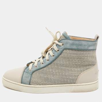 Pre Owned Christian Louboutin Cream/Green Suede and Leather High Top Sneakers Size 41