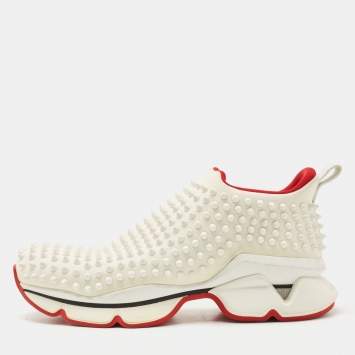 Pre Owned Christian Louboutin White Neoprene Spike Sock Slip On Sneakers Size 41