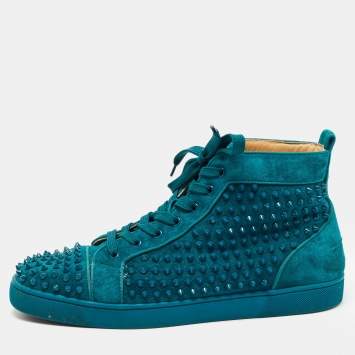 Pre Owned Christian Louboutin Green Suede Louis Junior Spikes High Top Sneakers Size 45.5