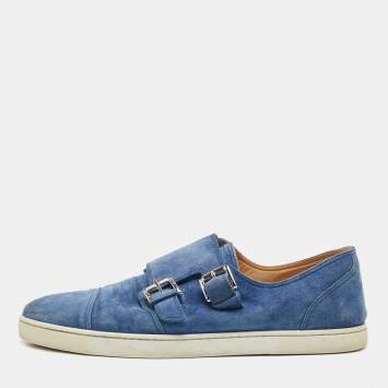 Pre Owned Christian Louboutin Blue Suede Buckle Sneakers Size 43.5