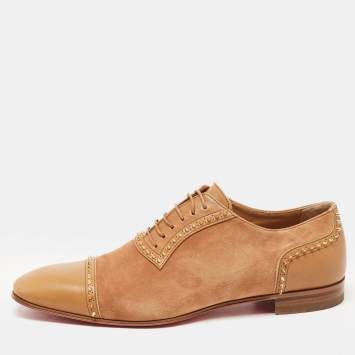 Pre Owned Christian Louboutin Suede and Leather Spike Trim Lace Up Oxfords Size 42.5