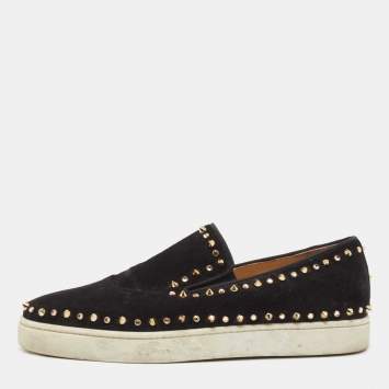 Pre Owned Christian Louboutin Black Suede Spike Pik Boat Sneakers Size 43