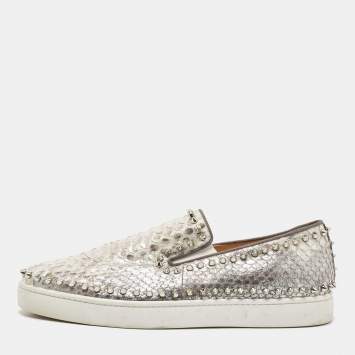 Pre Owned Christian Louboutin Metallic Two Tone Python Spike Pik Boat Sneakers Size 43.5 