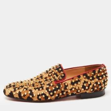 Pre Owned Christian Louboutin Beige/Black Leopard Print Calf Hair Spikes Slip On Smoking Slippers Size 41.5