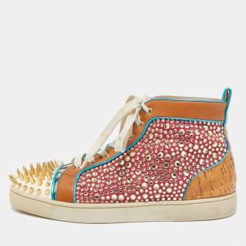 Pre Owned Christian Louboutin Multicolor Crystal Embellished Suede, Leopard Print Calf Hair and Leather No Limit Spikes Sneakers Size 42