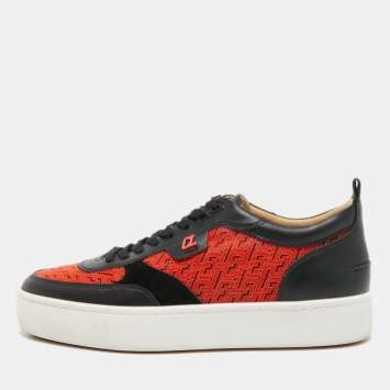 Pre Owned Christian Louboutin Red/Black Leather and Rubber Louis Junior Low Top Sneakers Size 41.5
