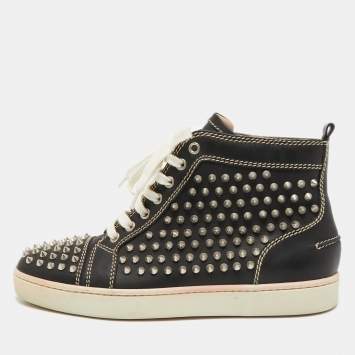 Pre Owned Christian Louboutin Black Leather Louis Spikes High Top Sneakers Size 40