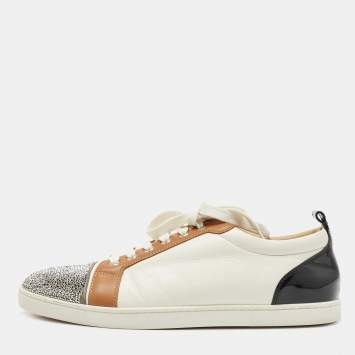 Pre Owned Christian Louboutin Multicolor Leather and Glitter Strass Cap Toe Low Top Sneakers Size 42.5
