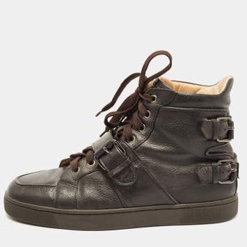 Pre Owned Christian Louboutin Dark Brown Leather Buckle Detail High Top Sneakers Size 40