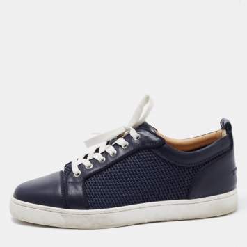 Pre Owned Christian Louboutin Navy Blue Leather and Mesh Louis Junior Sneakers Size 42