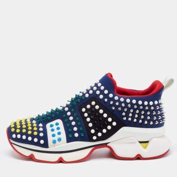 Pre Owned Christian Louboutin Navy Blue Fabric Spike Sock Sneakers Size 41