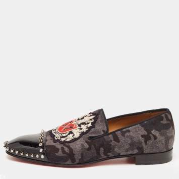 Pre Owned Christian Louboutin Black/Grey Camoflauge Felt and Patent Leather Loubi Forever Spike Loafers Size 41