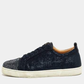 Pre Owned Christian Louboutin Navy Blue Lurex Fabric and Crystal Embellished Cap Toe Louis Junior Sneakers Size 42.5
