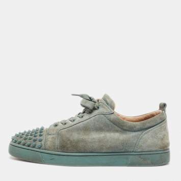 Pre Owned Christian Louboutin Green Suede Louis Junior Spikes Low Top Sneakers Size 43.5