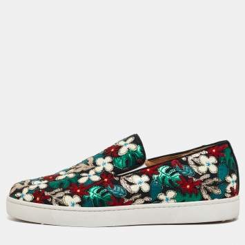 Pre Owned Christian Louboutin Multicolor Canvas And Patent Floral Applique Slip On Sneakers  Size 43.5