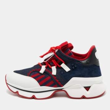 Pre Owned Christian Louboutin Denim And Leather Red-Runner Sneakers Size 43
