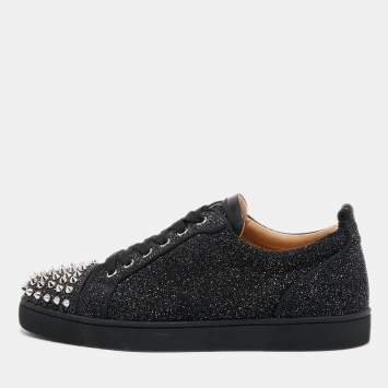 Pre Owned Christian Louboutin Black/Silver Glitter Louis Junior Pik Pik Spike Toe Low Top Sneakers Size 42