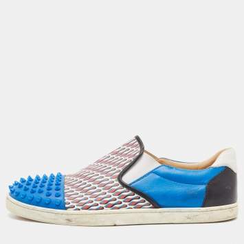 Pre Owned Christian Louboutin Blue Spike Leather and Loubi Print Nazapunta Skate Sneakers Size 41.5