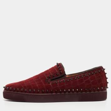 Pre Owned Christian Louboutin Burgundy Suede Pik Boat Slip-On Sneakers Size 42.5