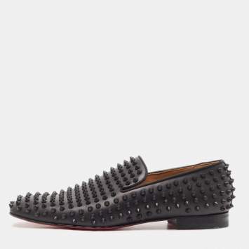 Pre Owned Christain Louboutin Black Leather Dandelio Spike Loafers Size 42.5