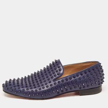 Pre Owned Christian Louboutin Navy Blue Leather Dandelion Spike Smoking Slippers Size 42.5