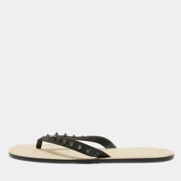 Pre Owned Christian Louboutin Black Leather Loubi Flip Spikes Thong Flat Slides Size 44