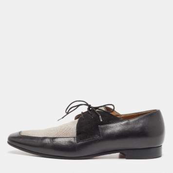 Pre Owned Christian Louboutin Black/Beige Leather and Canvas Orleans Lace Up Derby Size 41
