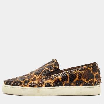 Pre Owned Christian Louboutin Brown/Beige Leopard Print Python Leather Spike Slip On Sneakers Size 42